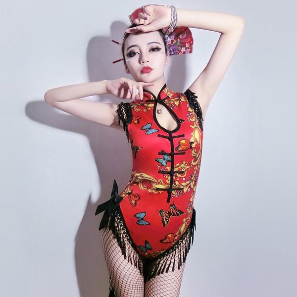 Décoration de fête Sexy Japan Bar Club Femme Geisha Stage Wear Red Cheongsam Costume Compétition Pancartes Fille Gland Body Avec Ventilateur