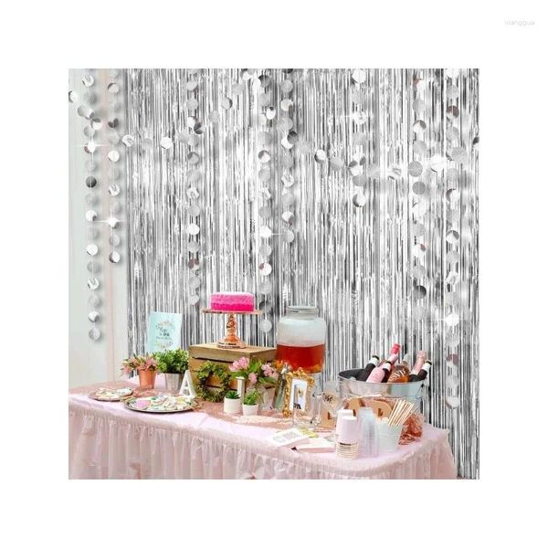 Décoration de fête Argent Fringe Tinsel Rideaux Décorations de toile de fond avec des guirlandes de cercle de paillettes Streamer Pobooth Props Fond