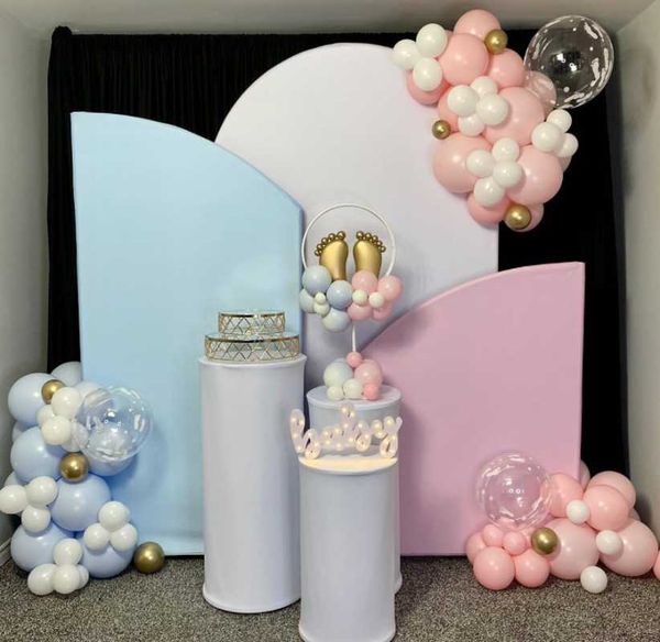 Decoración de fiesta cielo azul rosa blanco Po stand con cubierta arco telón de fondo de tela de tensión BackgroundParty