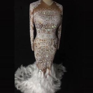 Feestdecoratie Sparkly Rhinestones Feather naaktjurk Sexy nachtclub vol stenen lange grote staart kostuum prom verjaardag vieren jurken