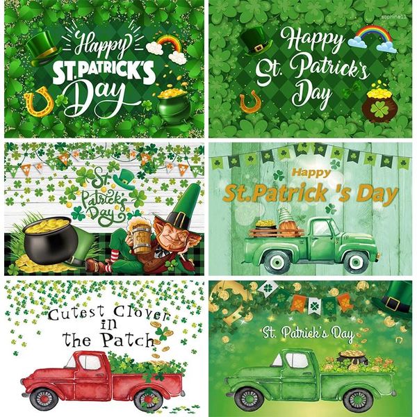 Décoration de fête St Patricks Day Décorations Planche de bois Toile de fond Camion Voiture Trèfle irlandais Pièce d'or Chapeau vert Leprechaun Po Fond