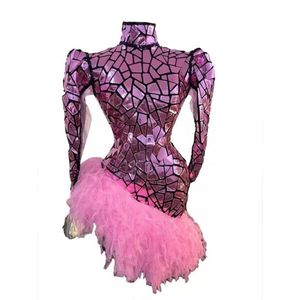 Costume de scène de décoration de fête pour chanteur femmes rose miroir robe à manches longues dos nu dentelle serrée sexy robes d'anniversaire de bal club 218V
