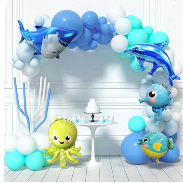 Decoración de fiestas de pie submarino Mundial del mundo del océano Juego de globo Arch Blue Mint Marine Life Cumpleaños para niños