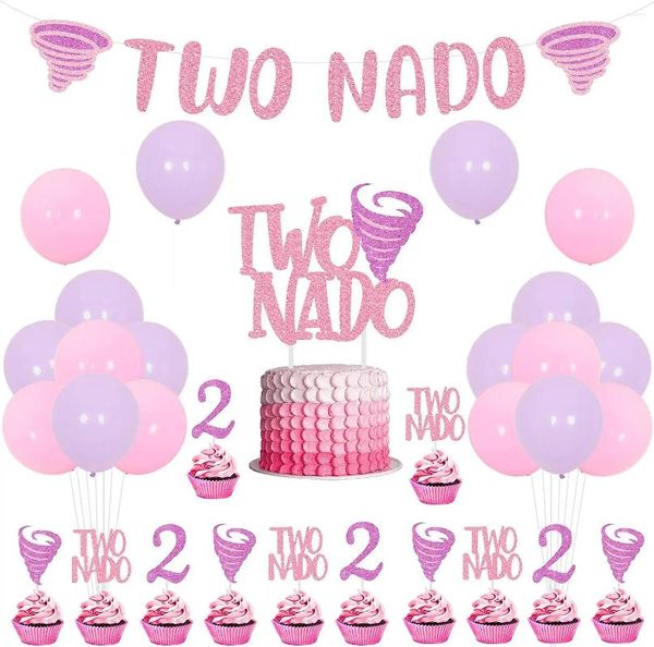 Décoration de fête décorations de thème pink de surrsurprise pour filles 2 nado bannière gâteau cupcake toppers ballons 2e anniversaire