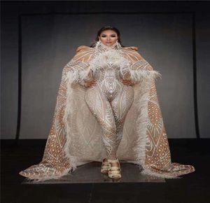 Party Decoration T55 Ballroom Dance Stage Costume Feather Cloak Femme Singer Perform Tenfit 3D Printing Stretch Leotard Jumpsuit 3916167