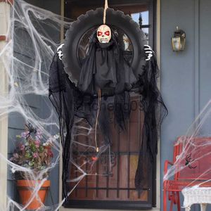 Feestdecoratie Praten Bewegend Skelet Hoofd Reaper in Band Schommel Prop Decoratie Hangende Schedel Hoofd Geanimeerde Outdoor Halloween Decoraties x0905