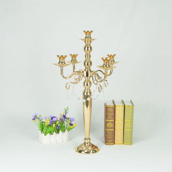 Decoración de fiesta, candelabro de candelabro de Metal brillante de 5 brazos de oro alto, candelabro votivo, centro de mesa de boda