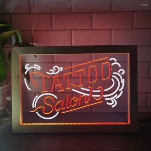 Feestdecoratie tattoo salon indoor bar dubbele kleur led neon bord po frame creatieve tafellamp slaapkamer bureau houten 3d nacht licht