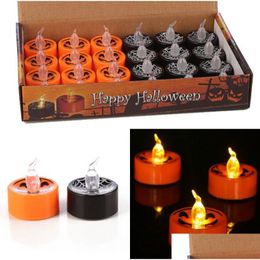 Feestdecoratie Theelichtjes Halloween Pompoen Spider Net Led Theelichtje Vlamloze lantaarns Werkt op batterijen Oranje Zwart Drop D Dhjgf