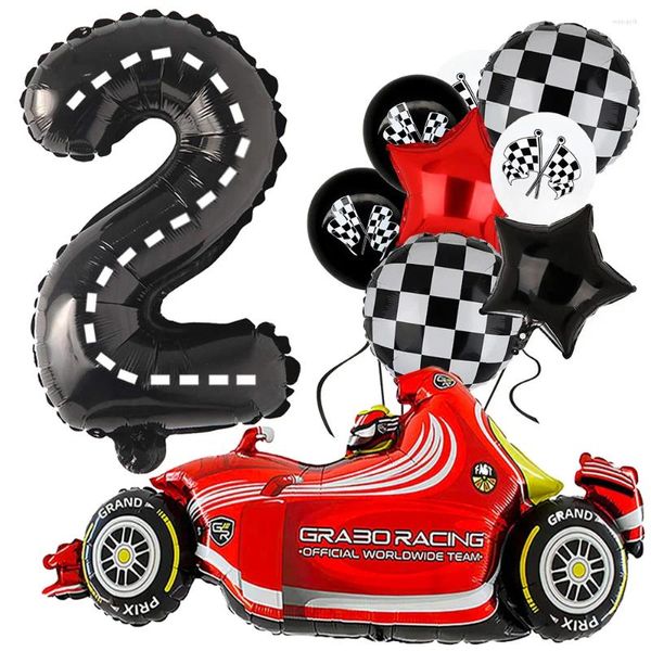 Décoration de fête deux décorations d'anniversaire vintage rapides avec des pneus de voiture rouge gonflables étoiles à carreaux 2 3 4 ballons pour les enfants qui courent