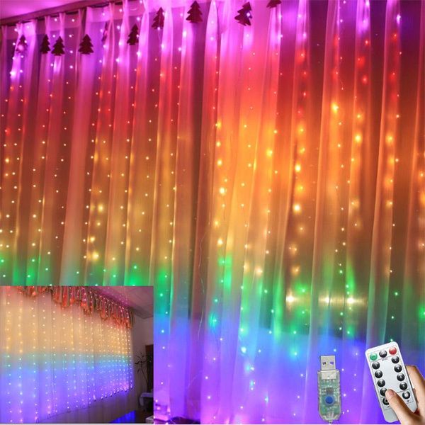 Decoración de fiesta Luces de cadena USB 300 LED Lámpara de cortina de ventana para dormitorio de boda Fondo interior al aire libre Pared Decoraciones de Navidad Fiesta