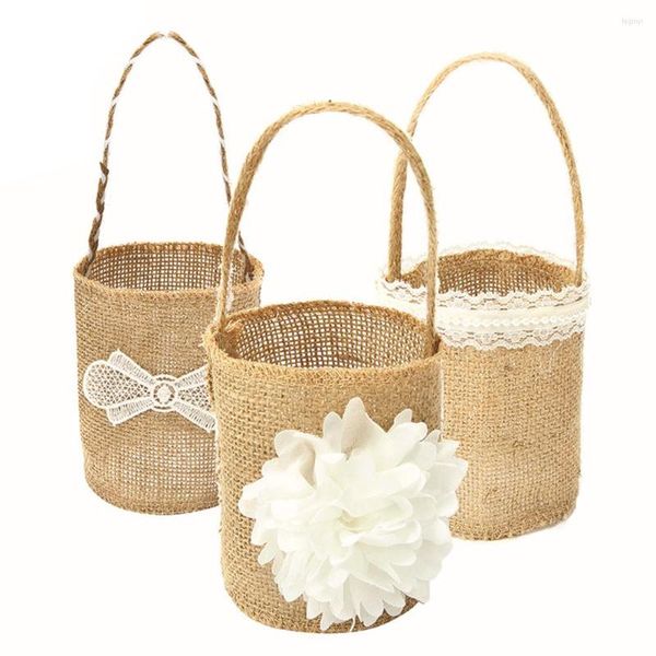 Décoration de fête mariage toile de jute panier sac poignée en lin Vintage rustique cérémonie fleur vaisselle fournitures bricolage photographie accessoire