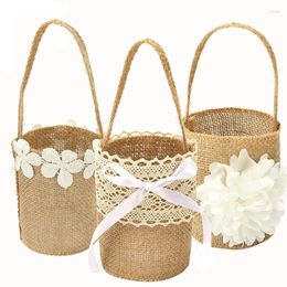 Décoration de fête de mariage dentelle toile de jute panier de fleurs poignée en lin Vintage rustique cérémonie Table bébé douche bonbons cadeau sac