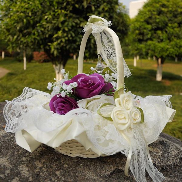 Decoración de fiesta, suministros de boda de estilo occidental, cesta de flores de tela de encaje, salón de mano de dama de honor