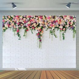 Party Decoration White Brick Mur and Flowers Pographie en toile de fond Banner de douche nuptiale Portrait PO Studio accessoires