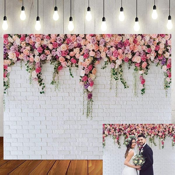 Décoration de fête mur de briques blanches fond fleurs roses décors filles anniversaire désherbage douche nuptiale anniversaire cérémonie décor