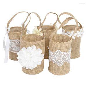 Décoration de fête en dentelle blanche, panier de fleurs en toile de jute, sac à poignée, Vintage, rustique, Table de mariage, de noël, cadeau de bonbons pour fête prénatale