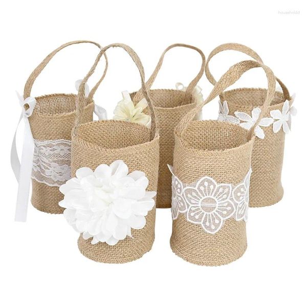 Decoración de fiesta encaje blanco arpillera cesta de flores bolsa con asa vintage rústico boda mesa de navidad baby shower dulce regalo