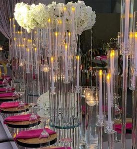 Décoration de fête entière 10 bras à longue tige moderne tube acrylique transparent ouragan bougeoirs en cristal table de mariage centrepie4909778