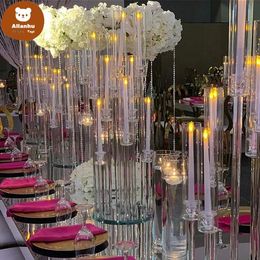 Party Decoration Wholesale 10 Arms Long Stemmed Modern Clear Acrylic Tube Hurricane Crystal Candle Holders Wedding Table Centerpieces Candel tr