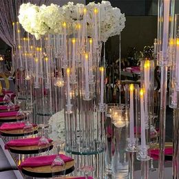 Party Decoratie Groothandel 10 Arms Long Stammed Modern Clear Acryl Tube Hurricane Crystal Candle Holders Wedding Tafel Centerpieces Candel FY2924 SXMY4