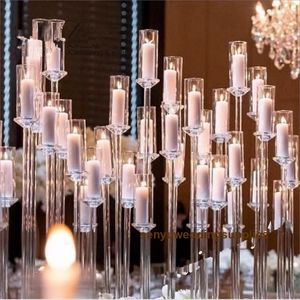 Feestdecoratie groothandel 10 armen lang steelde moderne heldere acryl buis orkaan kristal kaarsen houders trouwtafel centerpieces kandel fy2924 sxjun21