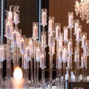 Décoration de fête en gros 10 bras à longue tige moderne tube acrylique transparent ouragan cristal bougeoirs table de mariage pièce maîtresse Dhn61