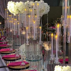 Decoración de fiesta Venta al por mayor 10 brazos de tallo largo Tubo de acrílico transparente moderno Candelabros de cristal de huracán Mesa de boda Centro de mesa Dhsie