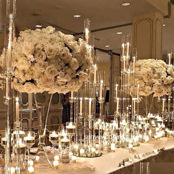 Décoration de fête en gros de 8 bras longs tige de longueur moderne en acrylique vase en cristal bougeurs de mariage table centrales candélabre 1 dh5zb