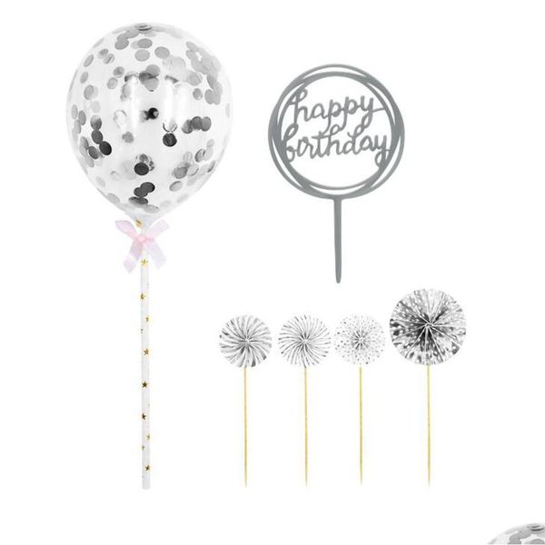 Décoration De Fête En Gros Joyeux Anniversaire Gâteau Toppers Fans De Papier Acrylique Cupcake Topper Confettis Ballon Décorations Ensemble Drop Deliv Dhmfz