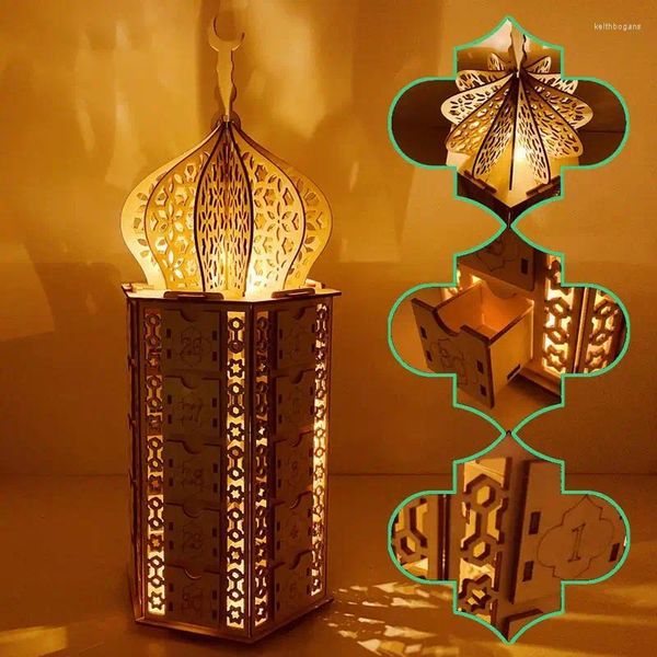 Decoración de fiesta Calendario de Adviento de Ramadán de madera Eid DIY Cuenta atrás de madera Gabinete Luna Estrella Luces con cajones Decoración musulmana