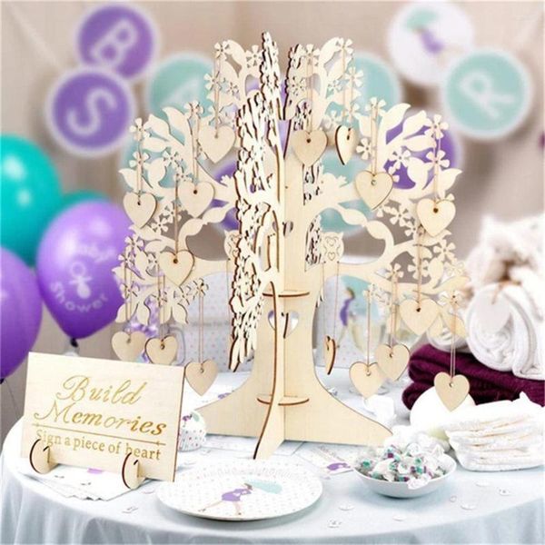 Décoration de fête Cadre d'arbre en bois Livre d'or avec support Unique Registre de mariage rustique 100pcs Coeurs en bois