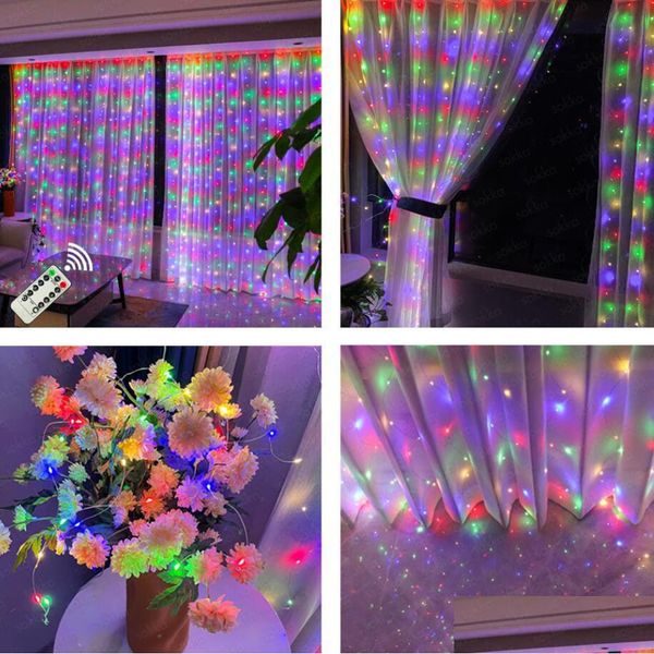 Décoration de fête X LED Guirlande de rideau sur la fenêtre USB String Lights Fée Festoon avec vacances de mariage de Noël à distance pour la maison Dh1E8