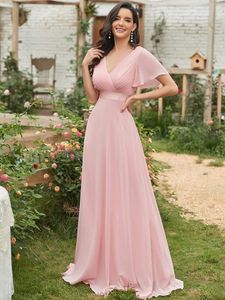 Party Dresse Pink Bridesmaid es Long Elegant A Line V Neck Ruffles Chiffon Formal Wedding Prom 230310