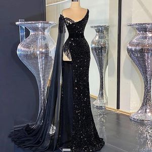 Feestjurken 123 trend zwarte one-shoulder zeemeermin/trompet vloerlengte lange pailletten avondjurken/formele bruids prom-jurken