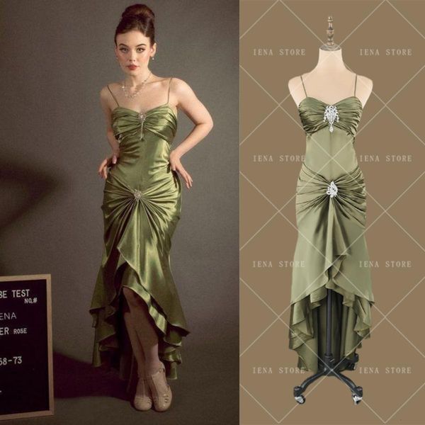 Robes de soirée 14085 # IENA Élégant Spaghetti Strap Vintage Vert Olive Col En Coeur Cristal Bouton Pli Taffetas Satin Robes De Soirée De Bal 230505