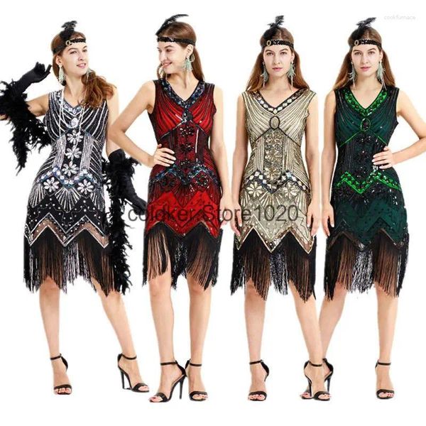 Vestidos de fiesta 1920s Vintage Gatsby Lentejuelas con flecos Paisley Flapper Vestido de baile con accesorios de joyería Conjunto de borlas con cuentas