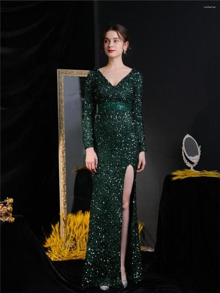 Robes de soirée 2023 automne hiver longue nuit vert manches paillettes col en V haute fente femmes Maxi soirée bals Robes Robes