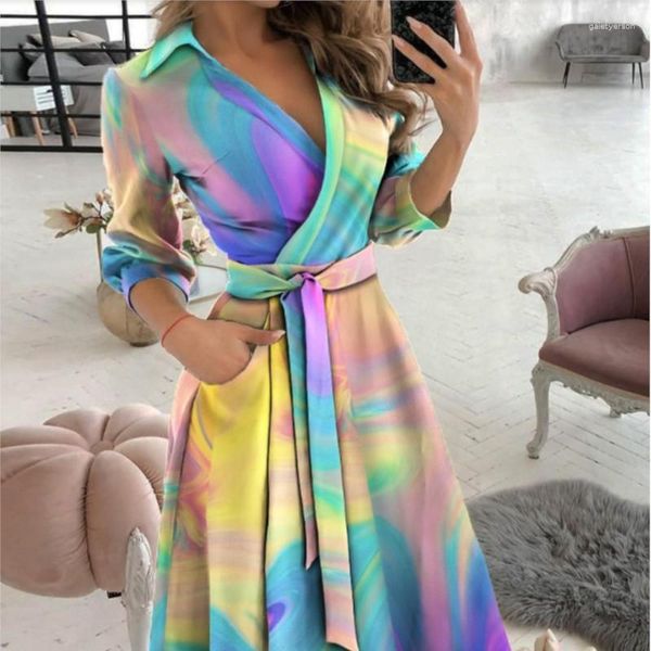 Vestidos de fiesta 2023 otoño vestido para mujer corbata teñida impresión manga larga con cuello en v hasta la moda de las mujeres casual estilo de vacaciones vestidos para mujer