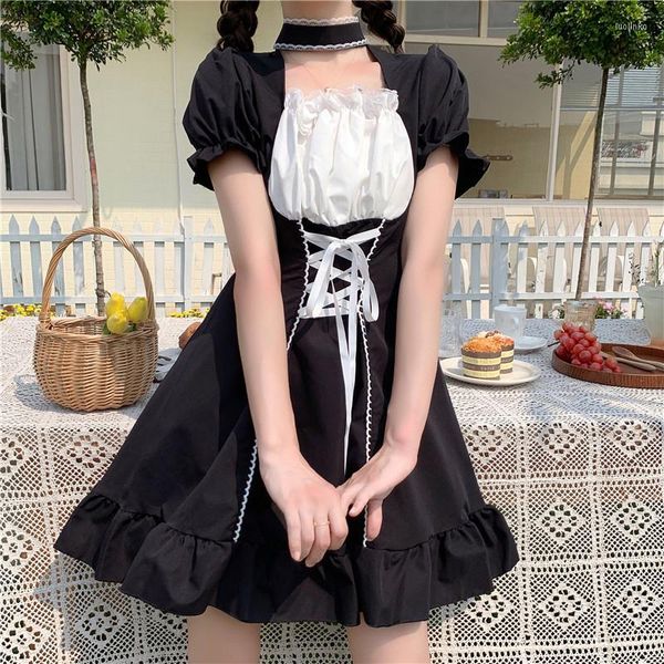 Robes de soirée 2023 robe Lolita noire Kawaii Maid Japenese Cosplay Costume Harajuku Bandage femmes Sexy serveuse manches bouffantes uniforme