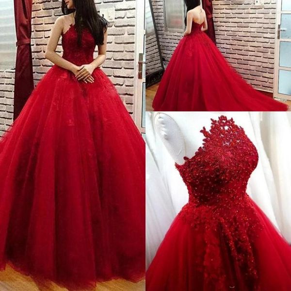 Robes de soirée 2023 robe de bal rouge foncé tenue de soirée dentelle appliques perles tulle gonflé dos ouvert balayage train robe de bal robes de soirée