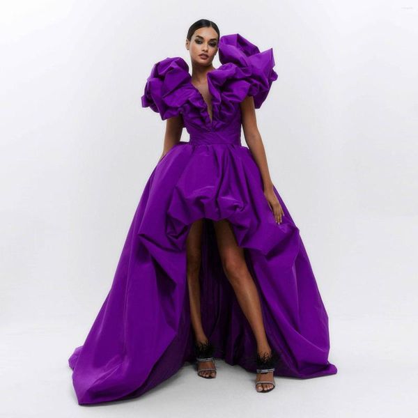 Robes de soirée 2023 Est violet haut bas bal Style Chic col en V manches bouffantes longue robe de soirée arabe formelle robes de Gala