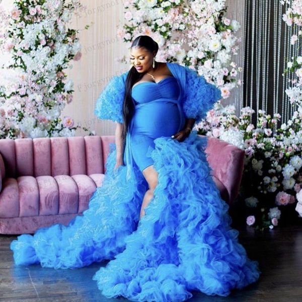 Vestidos de fiesta 2023 Extra Puffy Blue Tulle Robes Manga corta Overlay Coat Ruffles Tiered Long Embarazo Mujer Chaqueta Vestido de fiesta