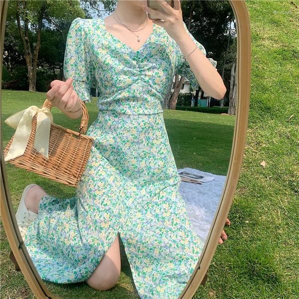 Robes de fête 2023 Robe d'été imprimé de fleurs longues longues vintage oversize à manches courtes plage femme robe vestido bal