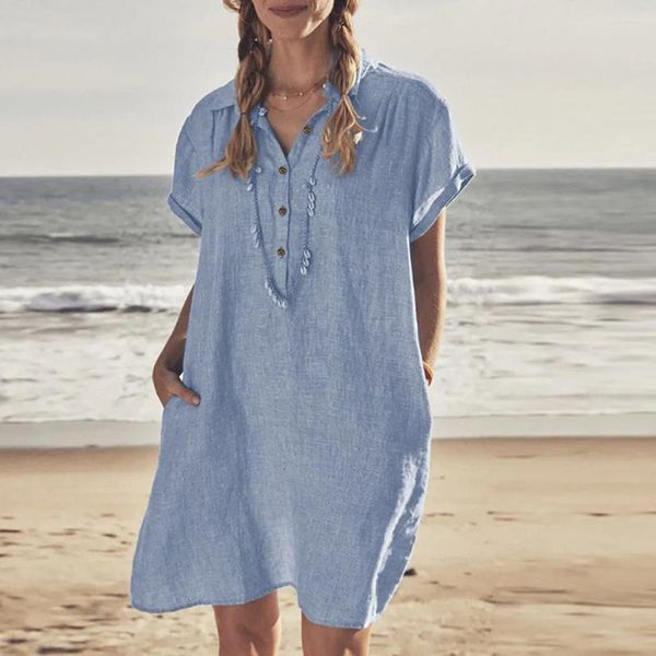 Robe de soirée en coton et lin pour femmes, tenue de plage décontractée, ample, à revers, manches courtes, bonne qualité, mode d'été, 2023