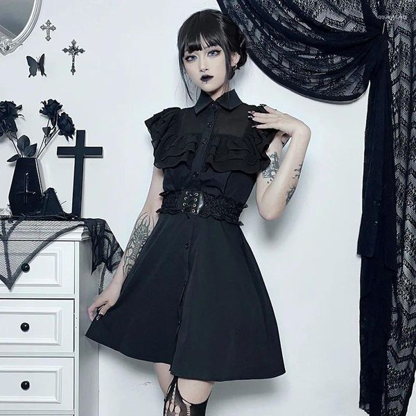 Vestidos de fiesta 2023 gótico estilo gótico mini vestido negro sin mangas con volantes para mujeres niña lolita oscura vintage hada grunge ropa
