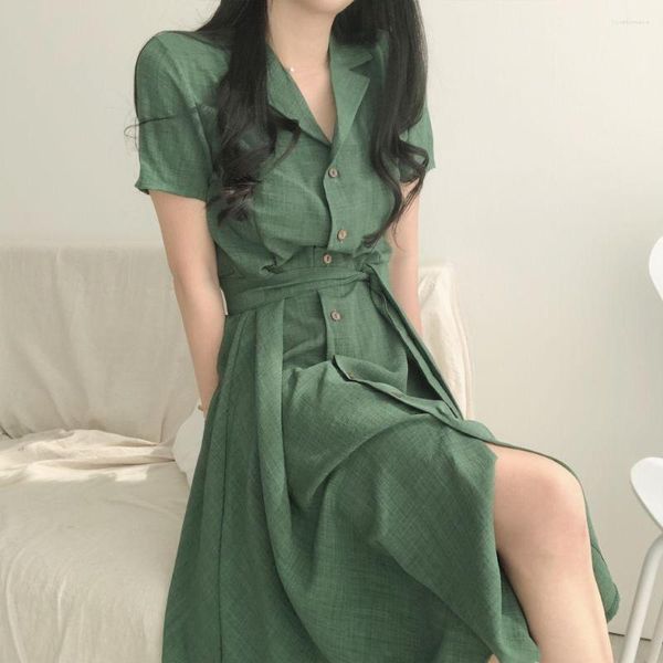 Vestidos de fiesta 2023 moda coreana elegante verano verde con muescas cuello camisa vestido para mujeres de un solo pecho con cordones cinturón señoras Oficina Midi