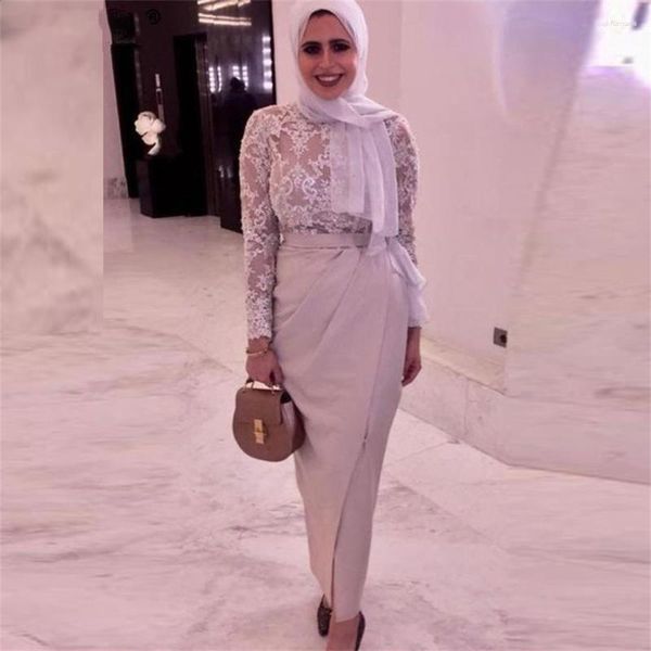 Vestidos de fiesta 2023 musulmán Formal noche manga larga hasta el tobillo encaje ilusión islámico Dubai Arabia Saudí Hijab vestido 2