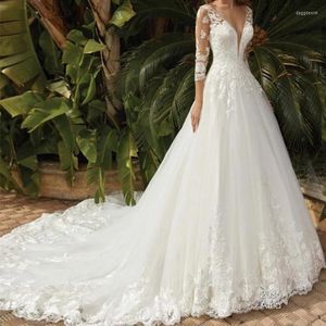 Feestjurken 2023 Sexy witte trouwjurk lange mouwen lange mouwen diepe v-hals kanten appliques tule jurk vestido de novia encaje