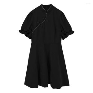 Feestjurken 2023 Zomer Harajuku Punk Women Black Mini Dress Chinese Mandarijn Kraag Solid Cheongsam Cute Puff Sleeve geplooide Qipao
